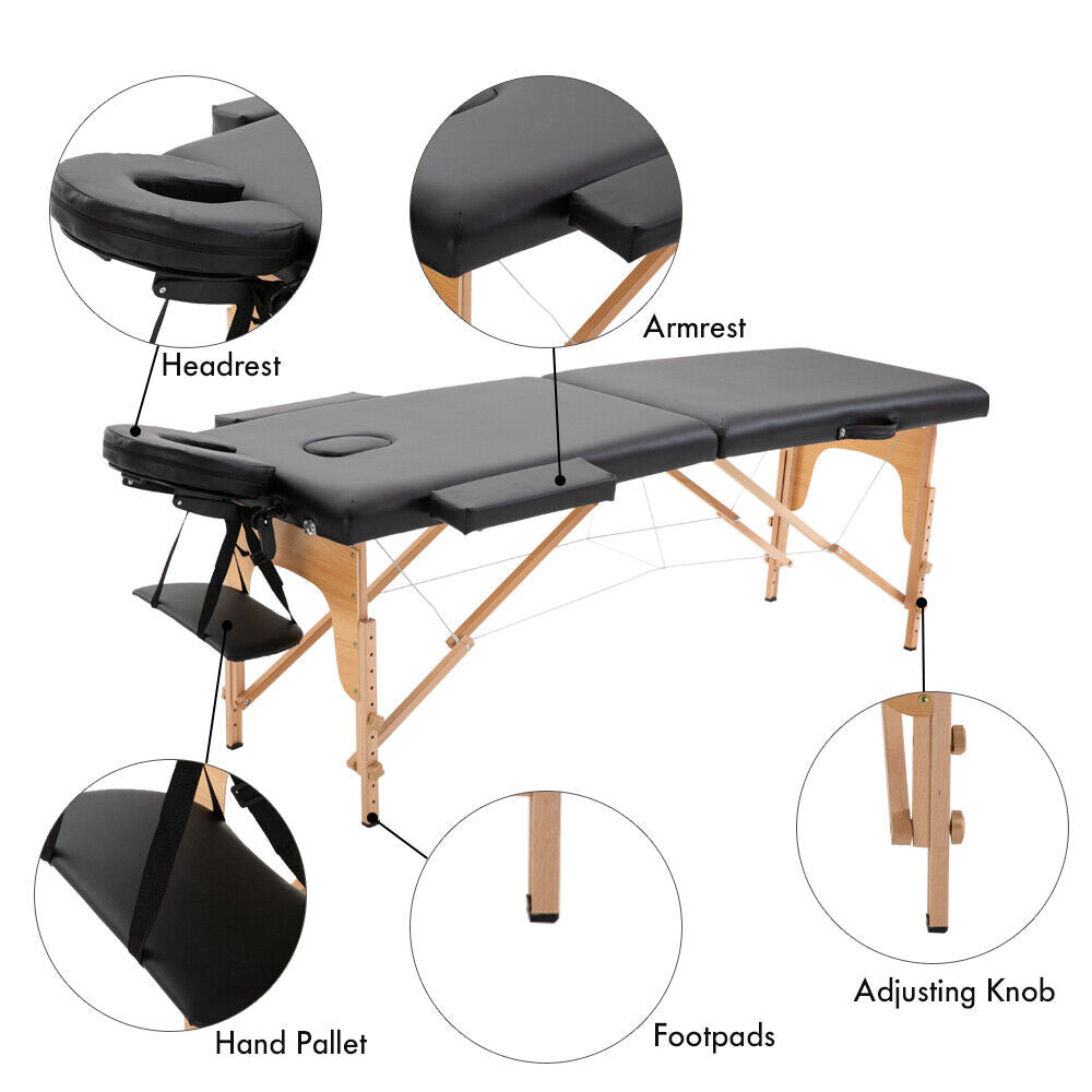 Cama Plegable De Masajes Portátil De 2 Secciones Negra
